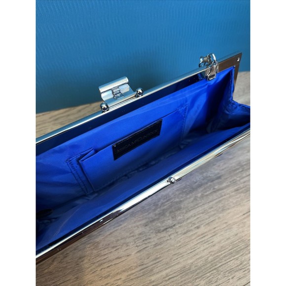 Jessica McClintock Blue Satin Clutch Optional Chain Silver Snap Close - Picture 3 of 4